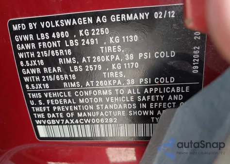 2012 Volkswagen Tiguan S из США, поврежденный, VIN WVGBV7AX4CW006282
